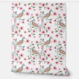 Papier Peint Peacocs et fleurs roses