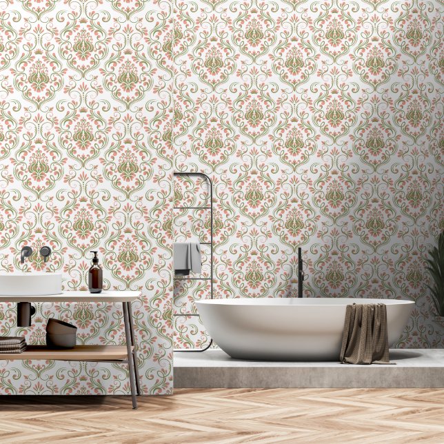Papier Peint Pêche et Sage Green Damask Pelure et bâton Floral (Salle de bain)