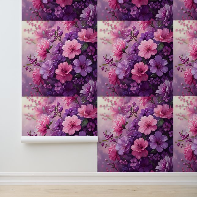 Papier Peint Peel et bâton à fleurs rose et violet amovible (Application)