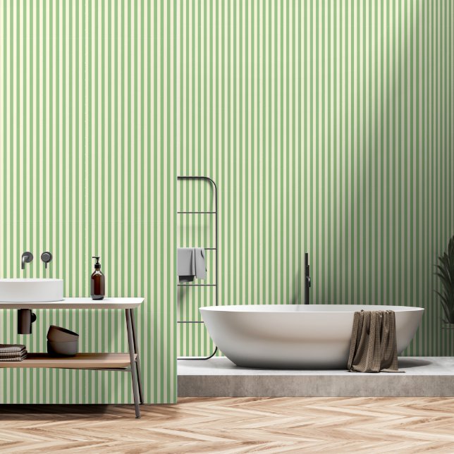 Papier Peint Peel et bâton classique rayé blanc et vert (Salle de bain)
