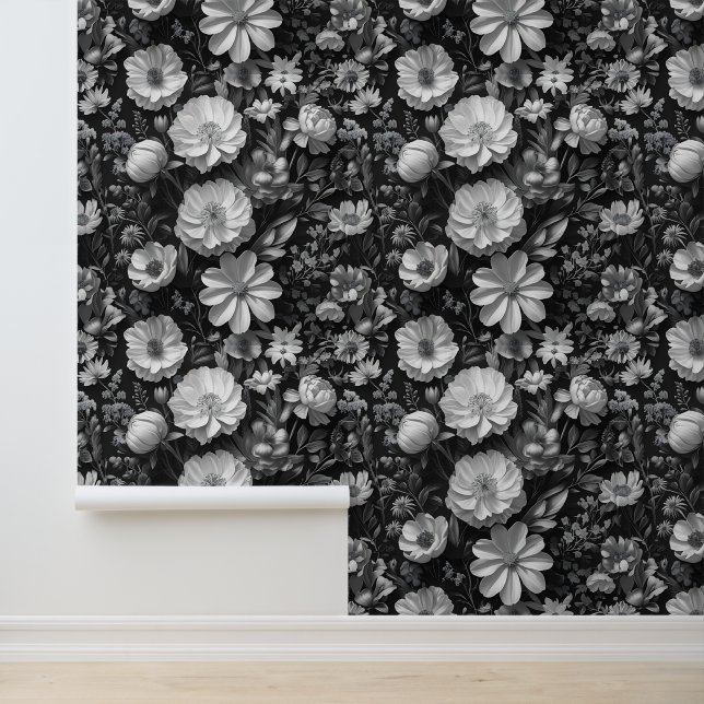 Papier Peint Peel et bâton floraux noir et blanc intemporel (Application)
