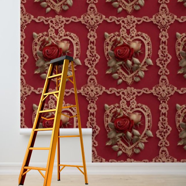 Papier Peint Peel et Stick coeur rouge rose dentelle motif (Peel and Stick red hearts roses lace romantic pattern Wallpaper)