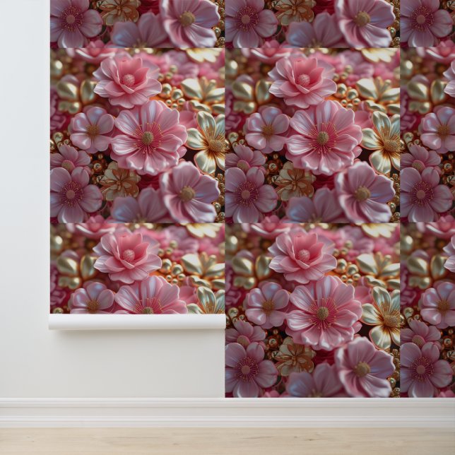 Papier Peint Peel floral rose et or et peinture murale (Application)