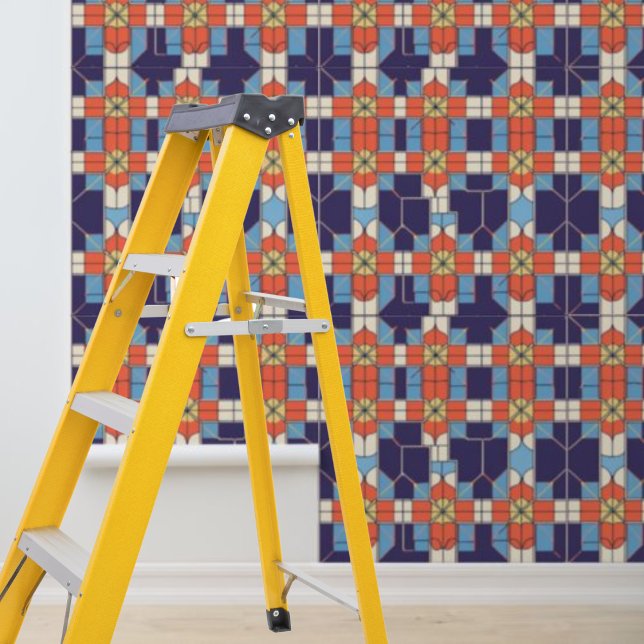 Papier Peint Peel Stick Artdeco Carreaux Motif Bleu Orange (Peel Stick Artdeco Tiles Pattern Blue Orange Wallpaper)