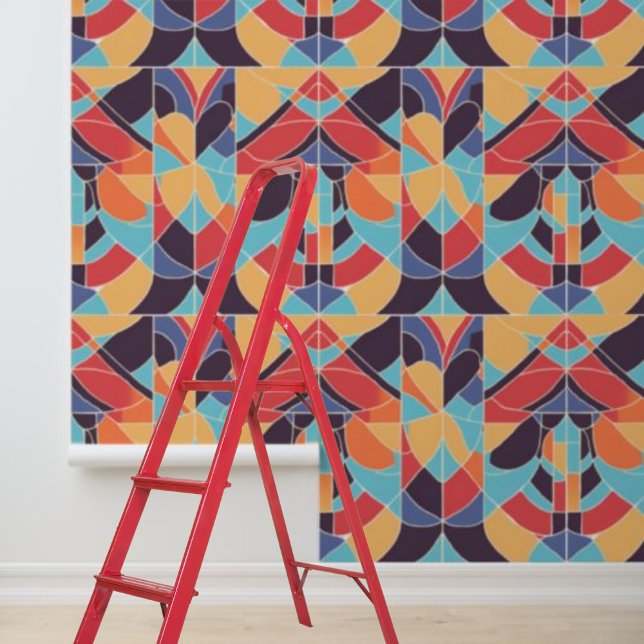 Papier Peint Peel Stick Artdeco Motif géométrique bleu orange (Peel Stick Artdeco Blue Orange Geometric Pattern Wallpaper)
