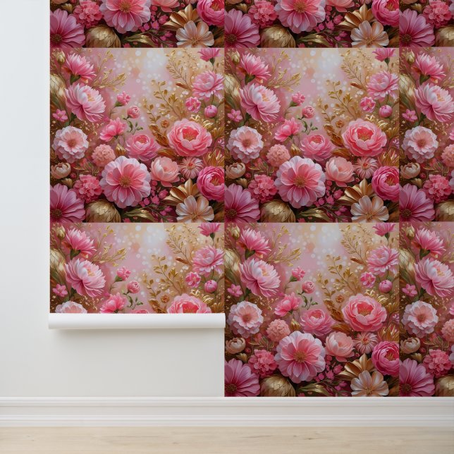Papier Peint Peinture murale esthétique rose et or (Application)
