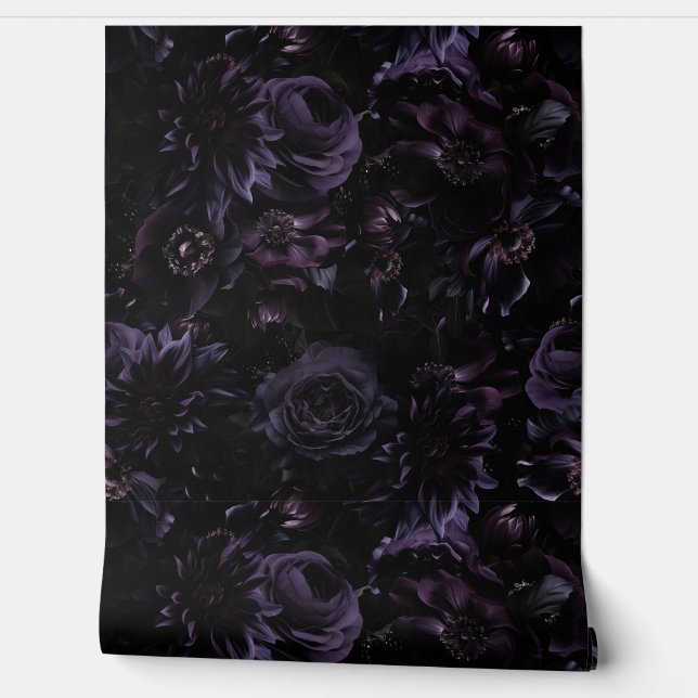 Papier Peint Peonies gothiques Moody violet foncé Florals Nuit  (Déroulement)