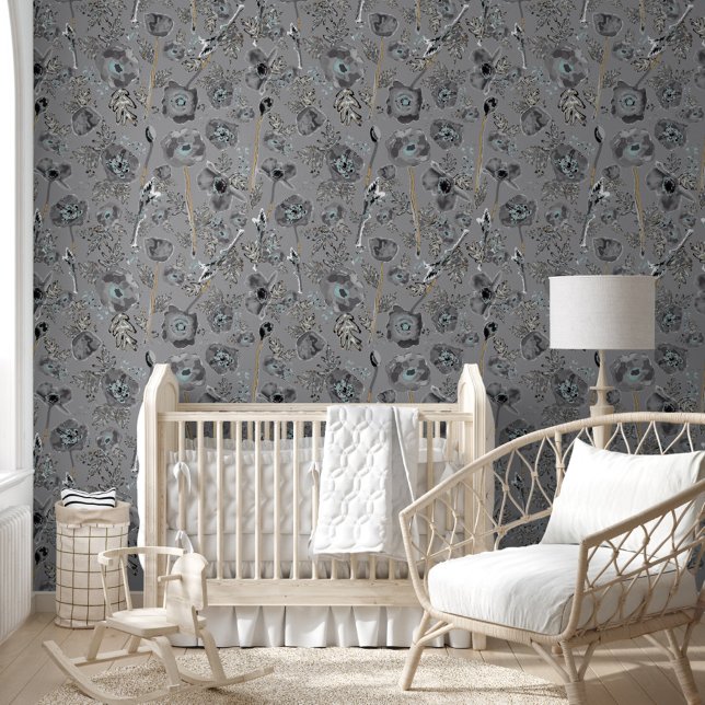 Papier Peint Pépies Aquarelle Motif Floral (Poppies Watercolor Floral Pattern Wallpaper from Studio Posies.)