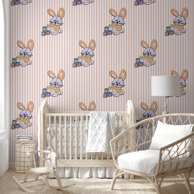 Papier Peint Pépinière à rayures roses personnalisées - Lapin (Enfants)
