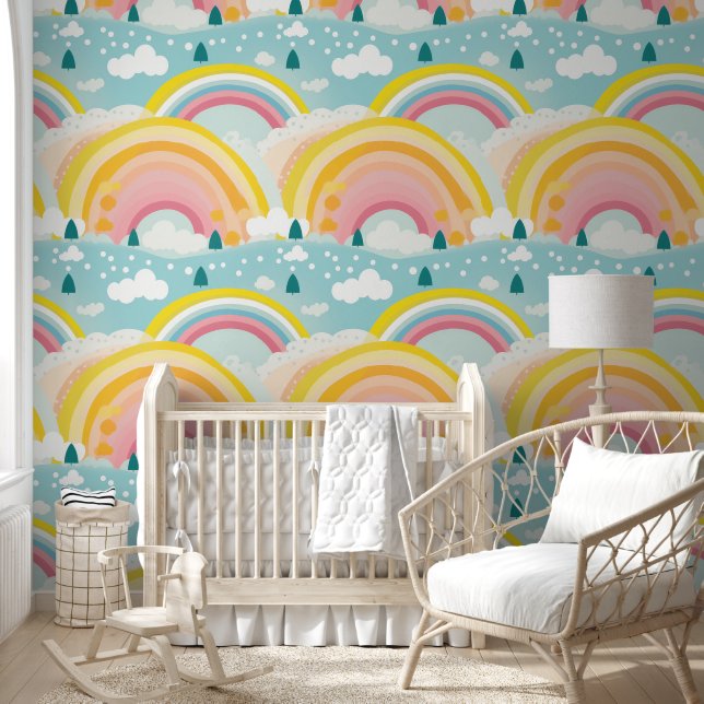 Papier Peint Pépinière Pastel Rainbows et Clouds (Enfants)