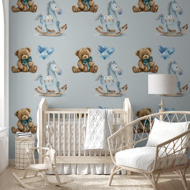Papier Peint Pépinière pour garçon Teddy & Cheval Rocking Peel  (Enfants)