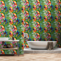 Perroquets de couleurs vives et fleurs tropicales