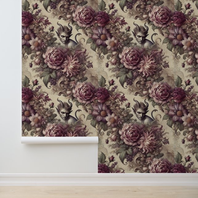 Papier Peint Pétales de prune piquante - Design floral gothique (Application)