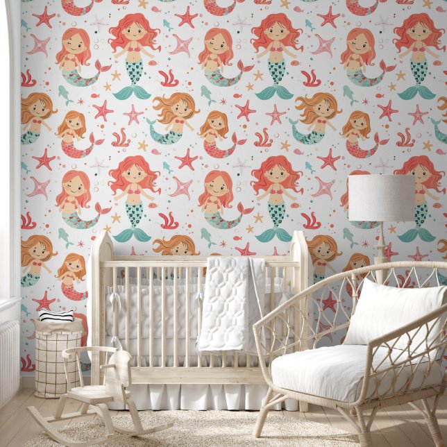 Papier Peint Petite Sirène Turquoise rose Motif Baby Nursery (Enfants)