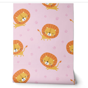 Papier Peint Petits Lions mignons avec empreintes sur rose clai