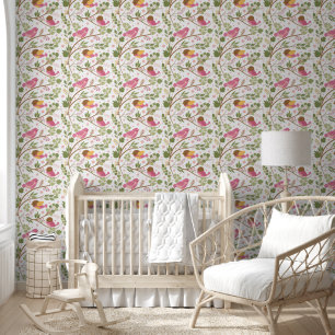 Papier Peint Petits oiseaux roses sur des branches vertes