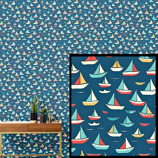 Papier Peint Petits voiliers Bateaux, Bleu Rouge Nautique (Créateur téléchargé)