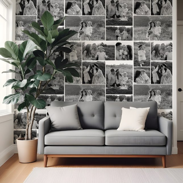 Papier Peint Photo de famille personnalisée en noir et blanc Co (Black & White Personalized Family Photo Collage Wallpaper)