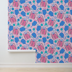Papier Peint Pickleball Paddles et boules Pink Preppy