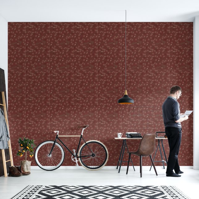 Papier Peint Pine Tree and Bird Pattern on Ruby Red (Salon)