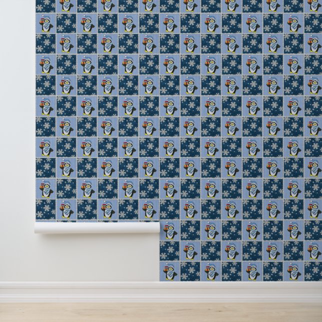 Papier Peint Pingouin de Noël festif carrelé (Application)