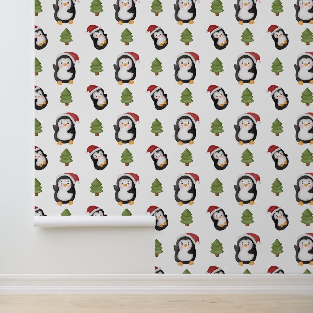 Papier Peint Pingouins motifs en carrelage de Noël festif (Application)