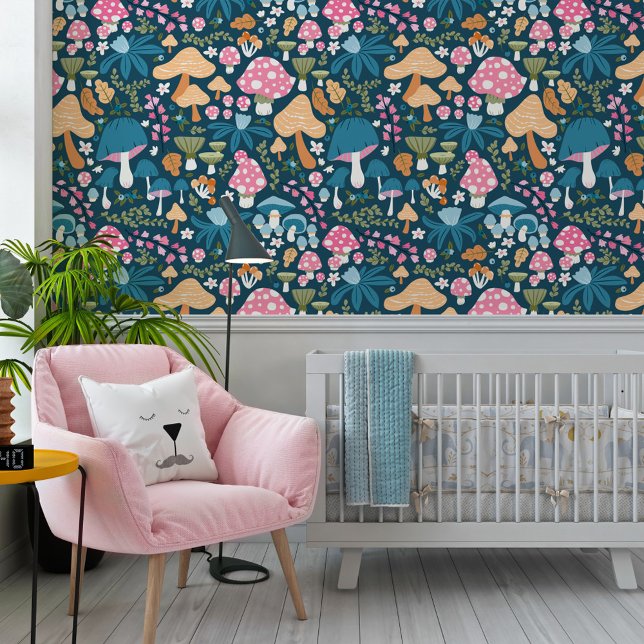 Papier Peint Pink Blue Whimsical Mushroom Pattern Nursery (Créateur téléchargé)