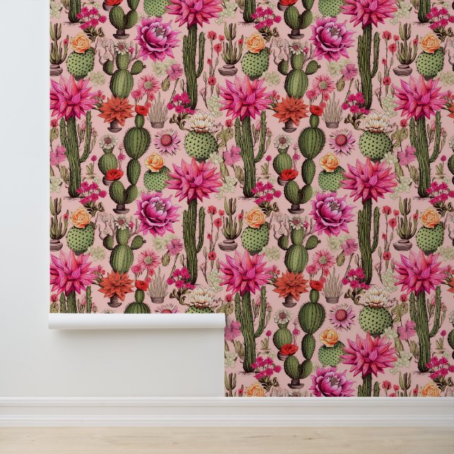 Papier Peint Pink Cactus Desert Southwest Peel and Stick (Application)