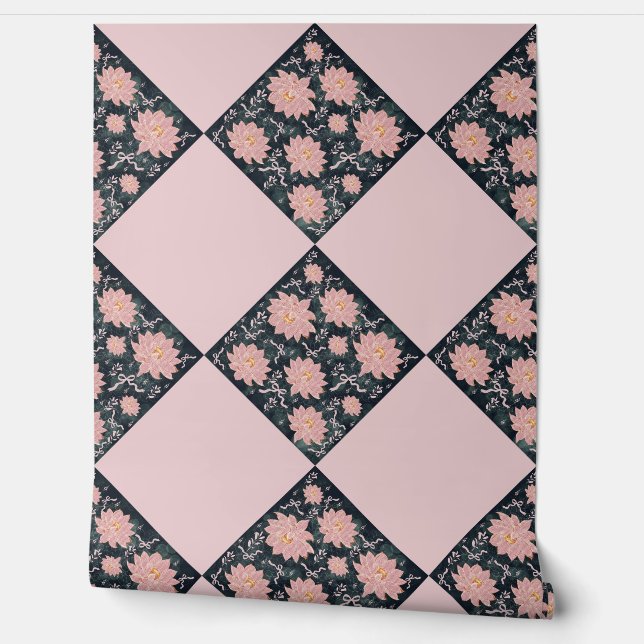 Papier Peint Pink diamond Floral Wallpaper on Dark Background – (Déroulement)