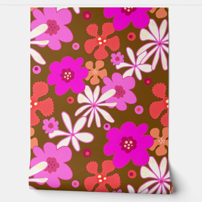 Papier Peint Pink Floral Seamless Art on Brown (Déroulement)