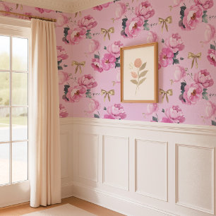 Papier Peint Pink Gold Bow Floral Toddler Baby Girl Nursery