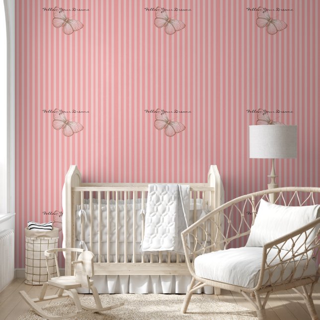 Papier Peint Pink Stripes with Butterfly (Enfants)