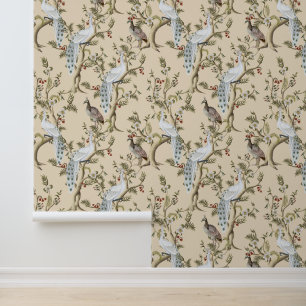 Papier Peint Pivoine Paon Blanc Chinoiserie Vintage Abricot