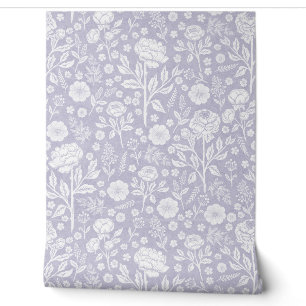 Papier Peint Pivoines et Roses Douces Lilas Dessinées à la Main