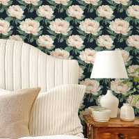 Pivoines Rose Pâle sur Fond Bleu Marine Floral