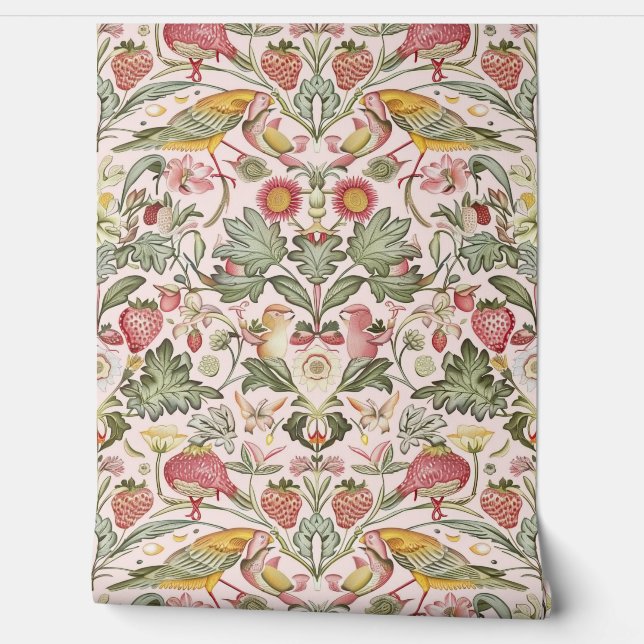 Papier Peint PixDezines William Morris Pink Strawberry Thief (Déroulement)