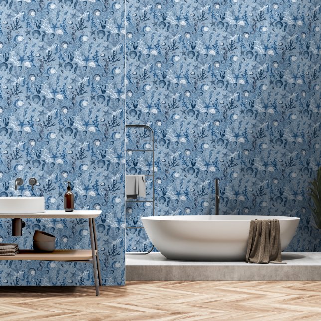 Papier Peint Plage Côte Océan Bleu Vie de la mer (Salle de bain)