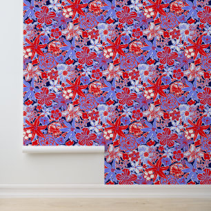 Papier Peint Plage de Palm Preppy Fleurs rouge, blanc et bleu