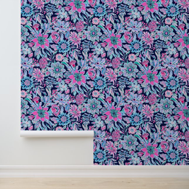 Papier Peint Plage de Preppy Palm Bleu & Fleurs roses (Application)