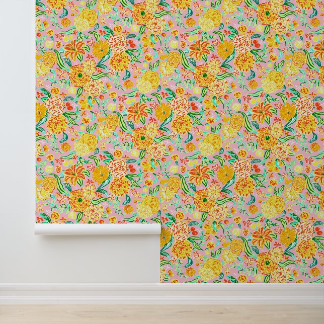 Papier Peint Plage de Preppy Palm Rose & Orange Fleurs (Application)