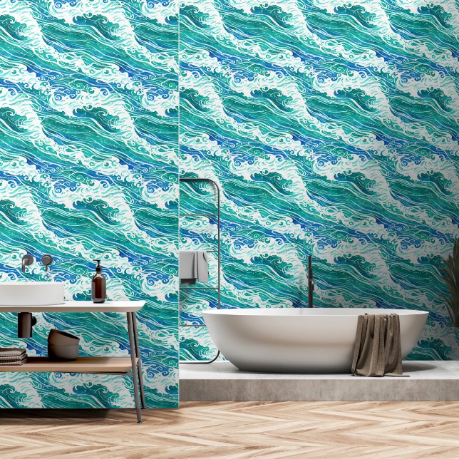 Papier Peint Plage motif côtière avec vagues océaniques (Salle de bain)