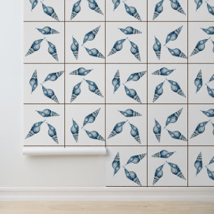 Papier Peint Plage Nautique Bleu Coquillages Blanc Faux Carreau