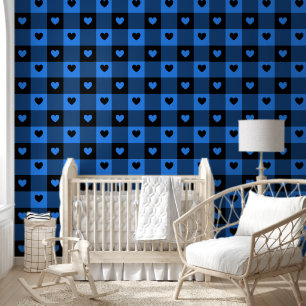 Papier Peint Plaid & Coeurs mignon Amusant Black & Blue Boys Nu