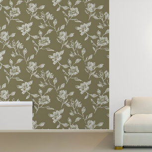 Papier Peint Plan floral blanc sur vert olive