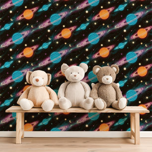 Papier Peint Planètes néon et lunes dans l'espace extra-atmosph