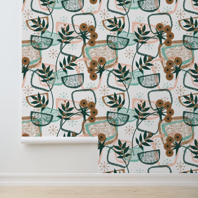 Papier Peint Plantes et pots Aqua Beige Style mi-siècle (Application)