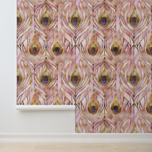 Papier Peint Plumes Peacock or Glam rose