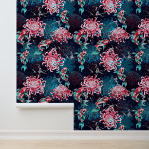 Papier Peint Poisson Koi japonais et chrysanthèmes rouges Profo