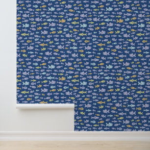 Papier Peint Poisson Nager Cute Motif nautique en bleu marine