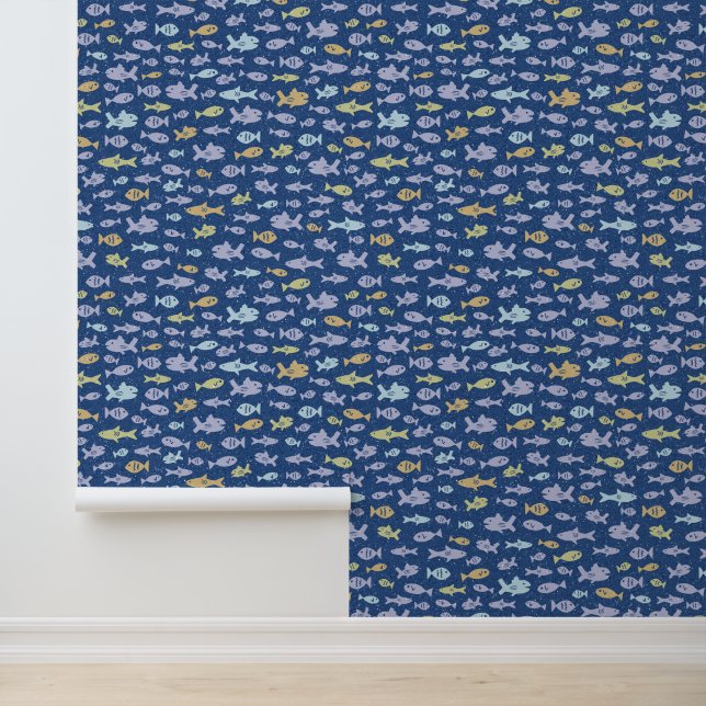 Papier Peint Poisson Nager Cute Motif nautique en bleu marine (Application)